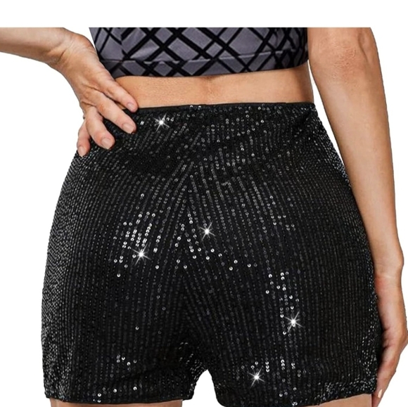 NWOT Elegant Black Sequin High Waist Shorts - Picture 4 of 9